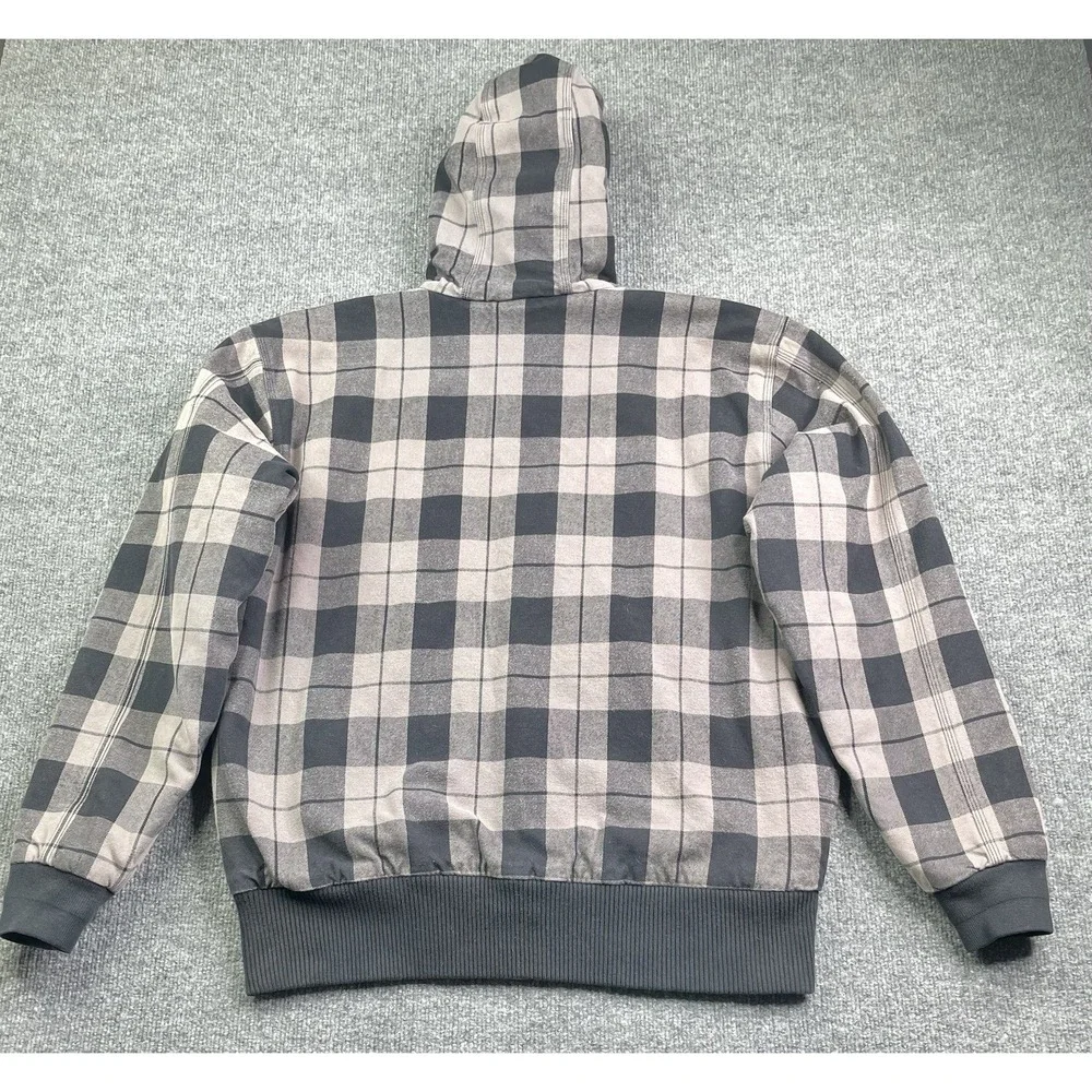 Carhartt Jacket Mens L Grey Plaid J260‎ SMK Hooded Quilted Flannel Work Coat